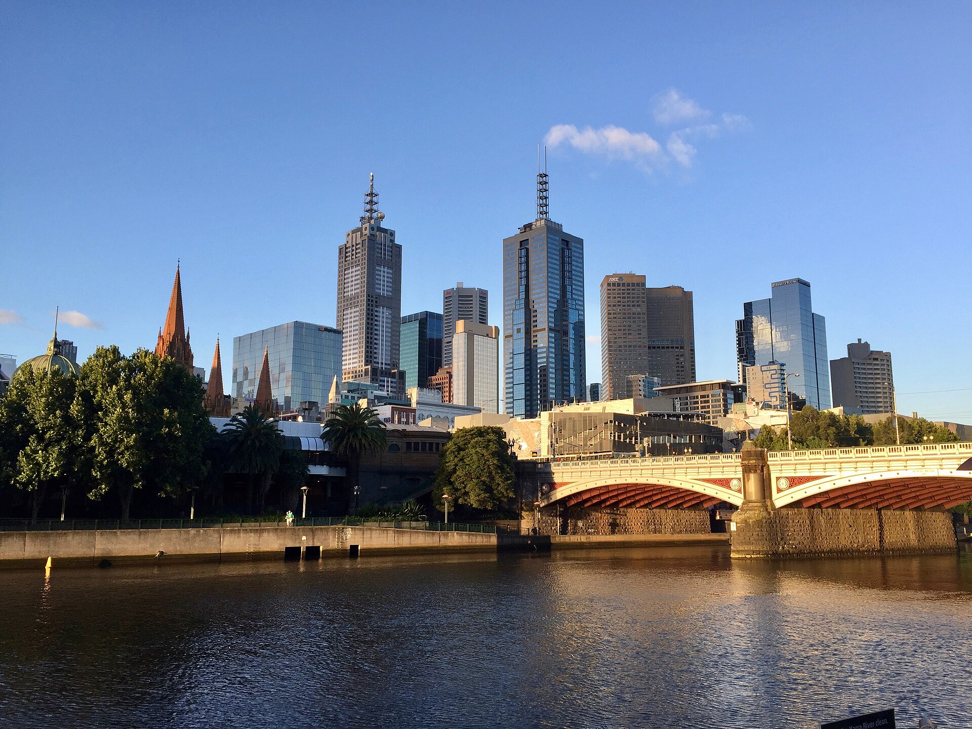 Melbourne CBD skyline from Southbank with Princes Bridge and St Paul's Cathedral