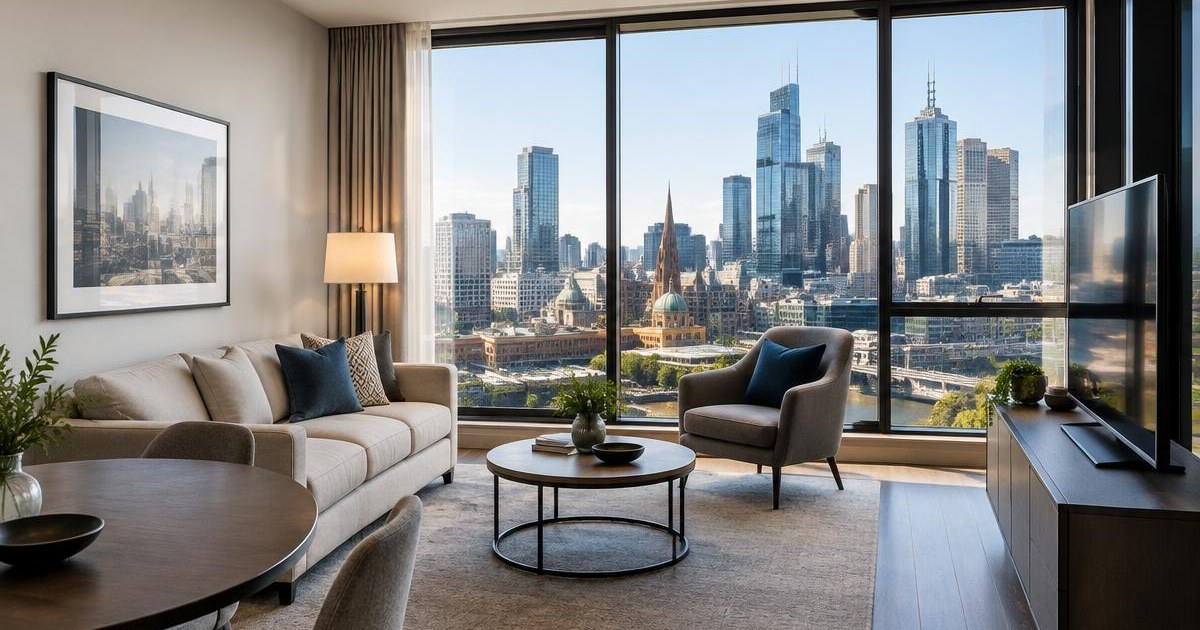 Serviced apartment living room overlooking Melbourne CBD